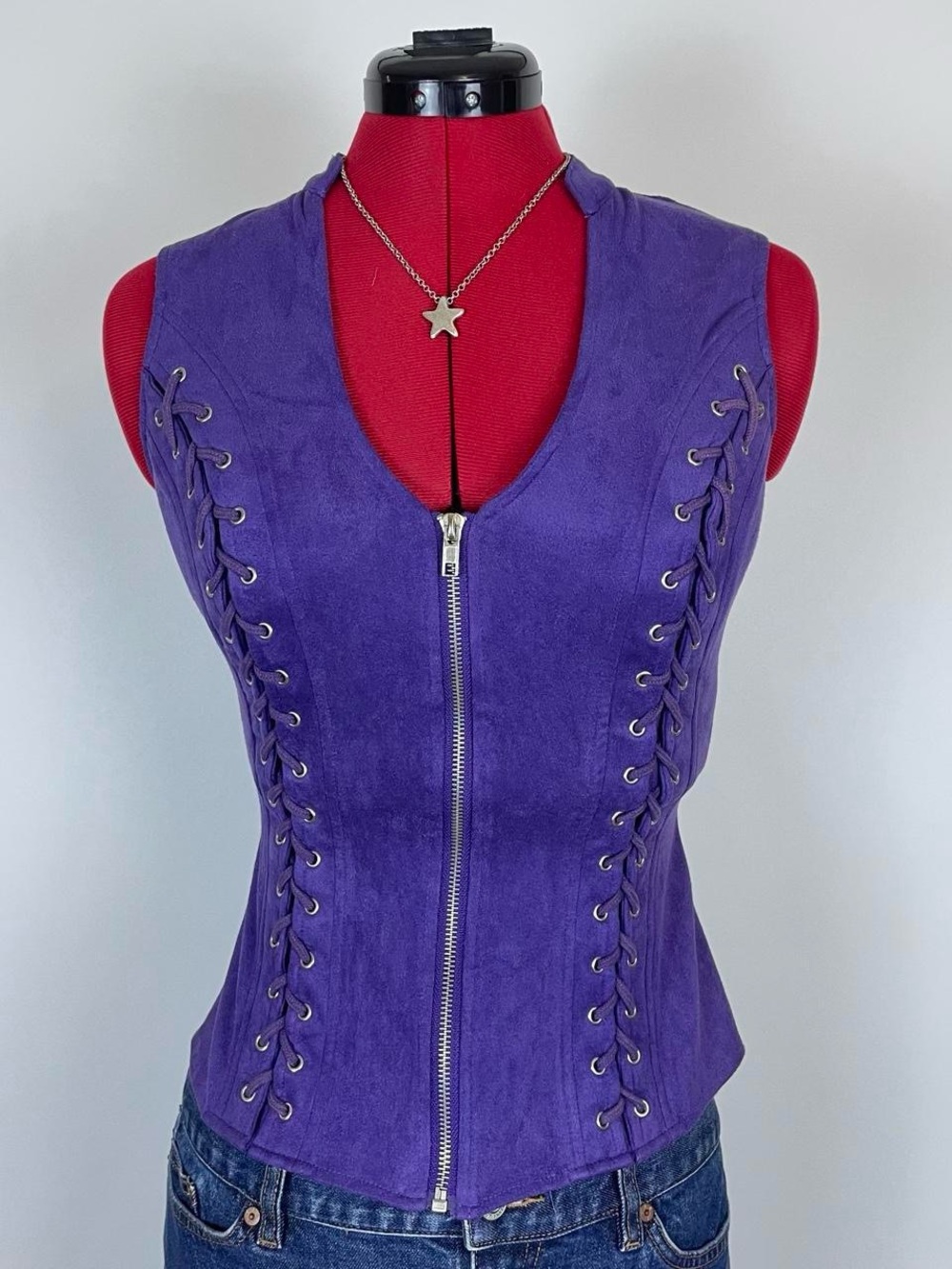 Y2K Purple Lace-Up Faux Suede Zip Front Vest